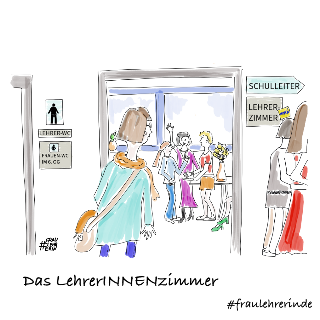 Cartoon zeigt Frauen vor und in einem Zimmer, das mit Lehrerzimmer beschriftet ist.